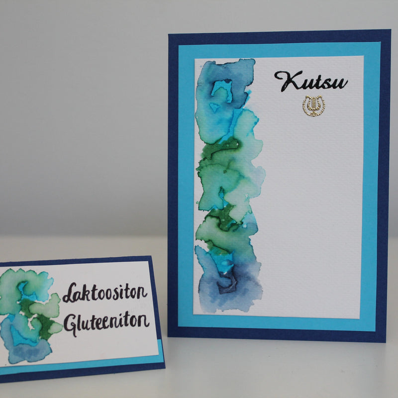 Värikäs kutsukortti ja kattauskortti Aquabrush-tekniikalla