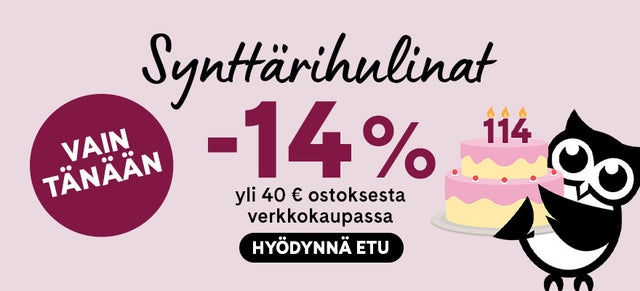 Synttärihulinat: -14% yli 40€ ostoksista vain tänään verkkokaupassa