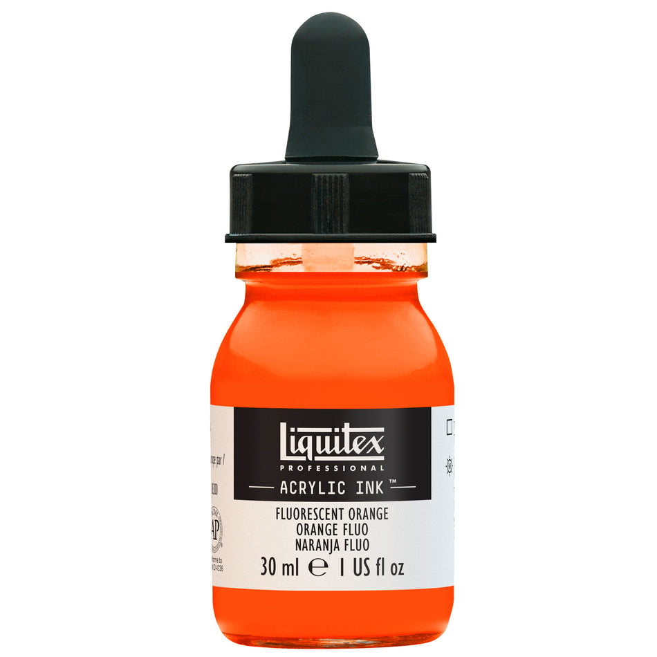 Valokuva tuotteesta Akryylimuste 30 ml 982 Fluorecent Orange Liquitex Acrylic Ink, kuuluu tuoteryhmään Taidetarvikkeet.