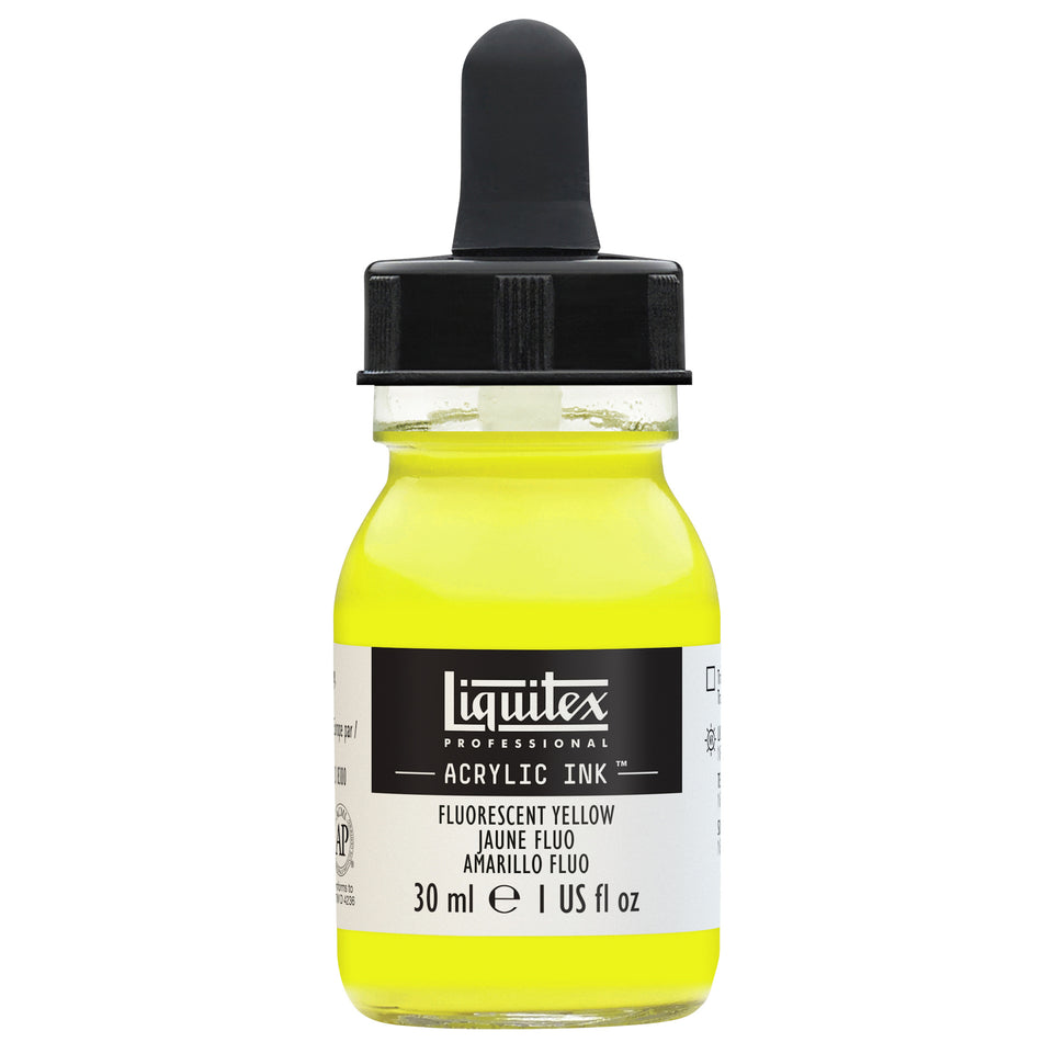 Valokuva tuotteesta Akryylimuste 30 ml 981 Fluorecent Yellow Liquitex Acrylic Ink, kuuluu tuoteryhmään Taidetarvikkeet.