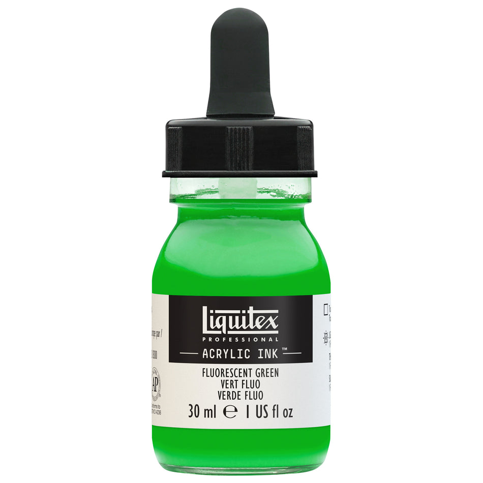 Valokuva tuotteesta Akryylimuste 30 ml 985 Fluorecent Green Liquitex Acrylic Ink, kuuluu tuoteryhmään Taidetarvikkeet.