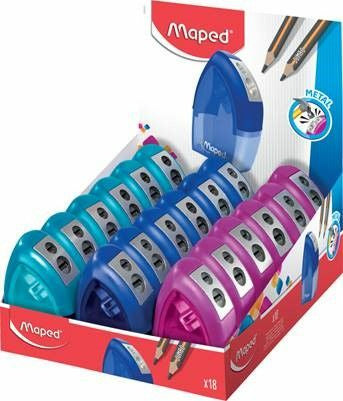 Valokuva tuotteesta Teroitin Maped Tonic2 säiliöllä, värilajitelma, kuuluu tuoteryhmään Pyyhekumit teroittimet viivaimet.