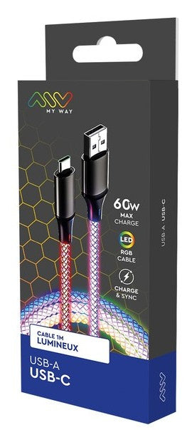 Valokuva tuotteesta Latauskaapeli USB-A /USB-C 1m RGB-valaistu, kuuluu tuoteryhmään Puhelintarvikkeet.