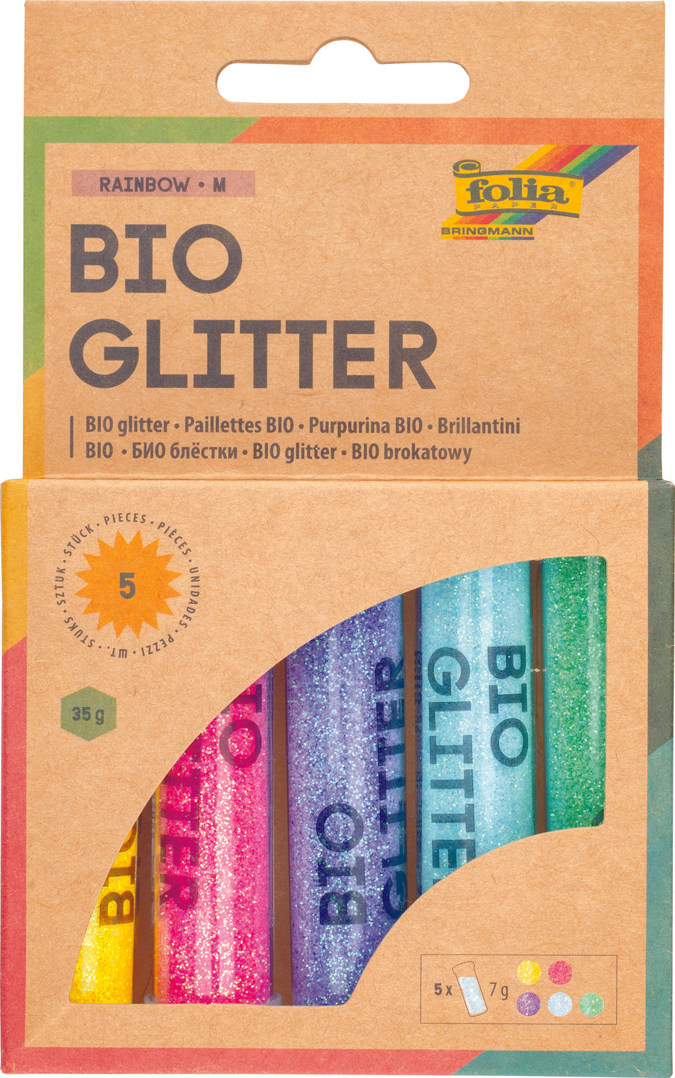 Valokuva tuotteesta Kimallejauhe biohajoava 5x7g Rainbow, kuuluu tuoteryhmään Paperiaskartelu.