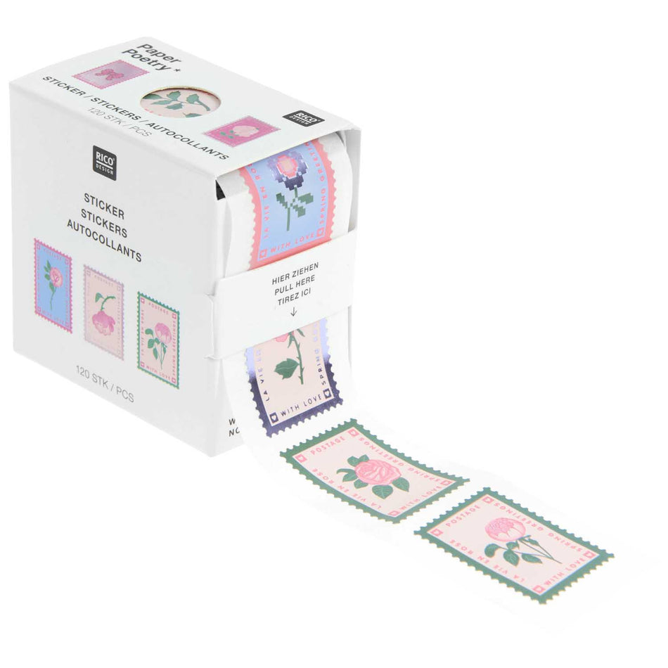 Valokuva tuotteesta Tarrarulla 120 tarraa La vie en Rose Stamps, kuuluu tuoteryhmään Paperiaskartelu.