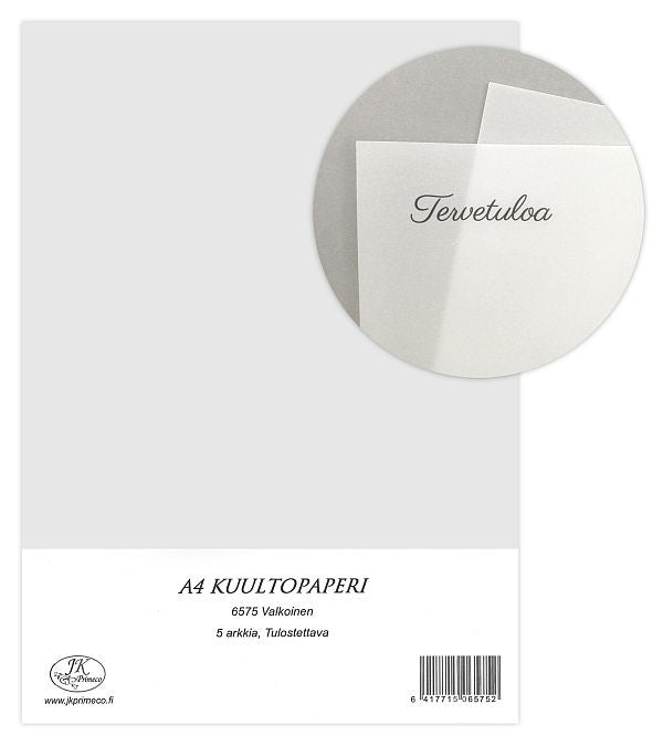 Valokuva tuotteesta Kuultopaperi valkoinen A4/5 arkkia, kuuluu tuoteryhmään Toimiston yleistarvikkeet.