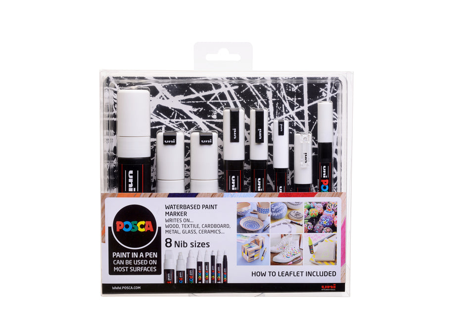 Valokuva tuotteesta Maalikynä 8 kpl Posca valkoinen eri kokoja, kuuluu tuoteryhmään Taidetarvikkeet.