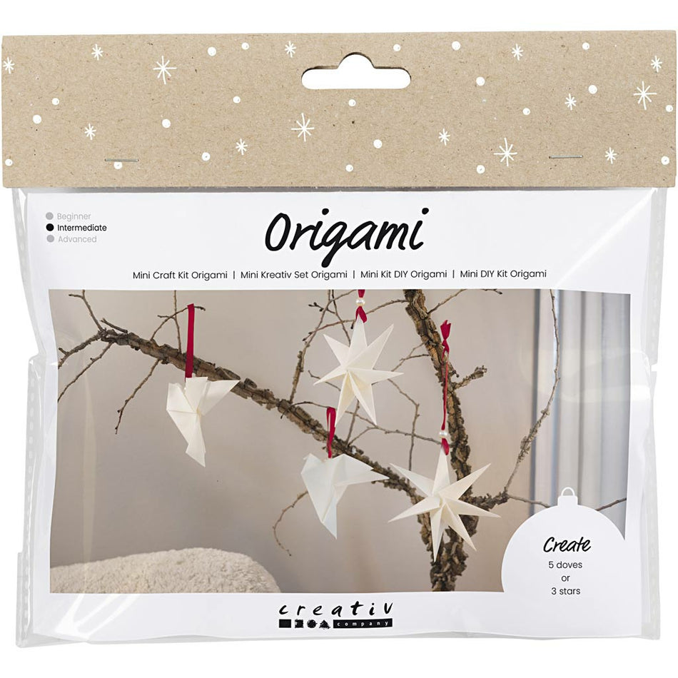 Valokuva tuotteesta Askartelupakkaus Origami kyyhkyset ja tähdet, kuuluu tuoteryhmään Sesonkiaskartelu.
