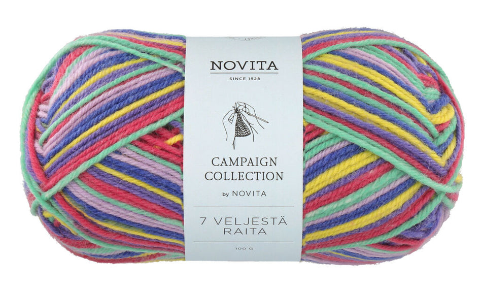 Valokuva tuotteesta Lanka Novita 7 Veljestä Raita 100 g 978 riemukaari, kuuluu tuoteryhmään Käsityötarvikkeet.