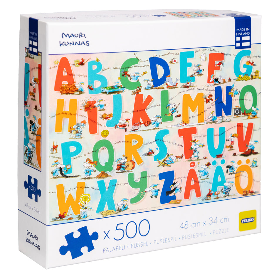 Valokuva tuotteesta Palapeli 500 palaa Aakkoset Mauri Kunnas, kuuluu tuoteryhmään Palapelit.
