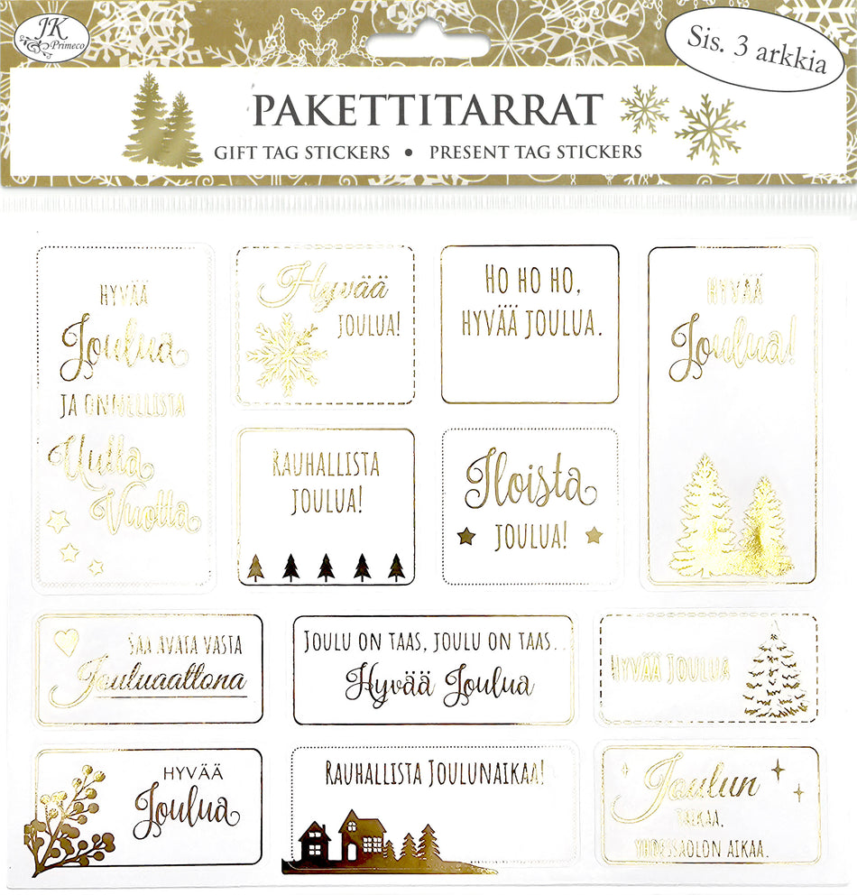 Valokuva tuotteesta Pakettitarra Joulutekstit kultafolio 3ark, kuuluu tuoteryhmään Paketointi.