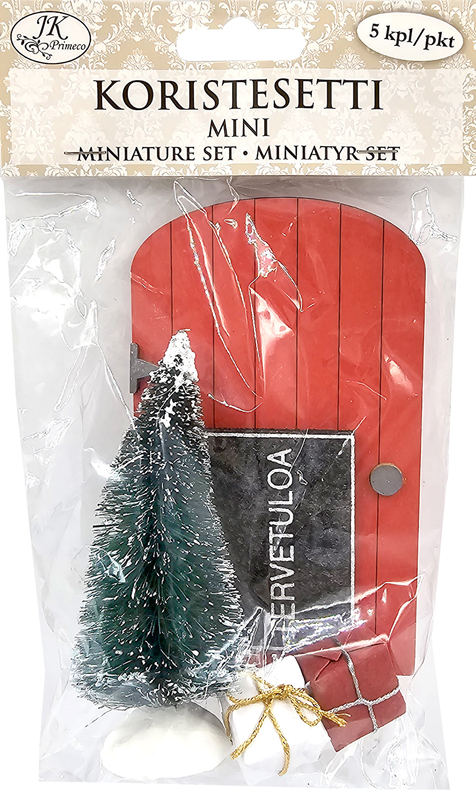 Valokuva tuotteesta Koristesetti miniatyyri ovi ja lahjat, kuuluu tuoteryhmään Sesonkiaskartelu.