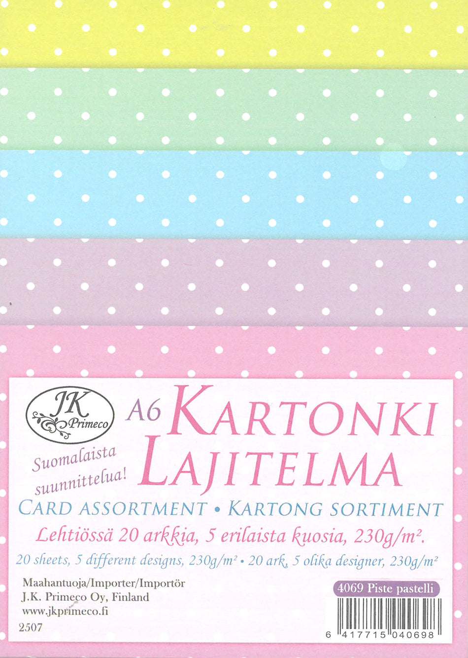 Valokuva tuotteesta Kartonkilajitelma A6/20 kpl Piste pastelli, kuuluu tuoteryhmään Paperiaskartelu.
