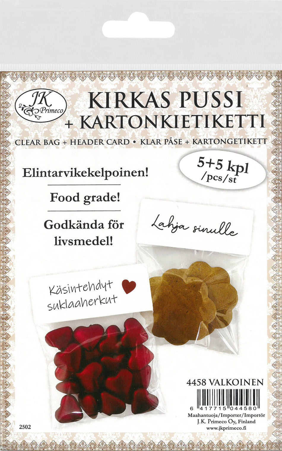 Valokuva tuotteesta Kirkas pussi + kartonkietiketti 5kpl+5kpl, kuuluu tuoteryhmään Paperiaskartelu.