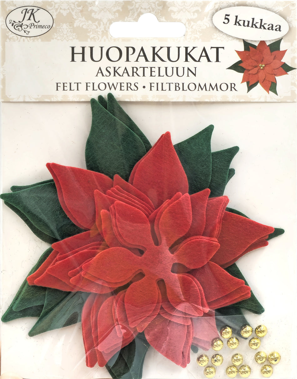 Valokuva tuotteesta Huopakukat Joulutähti punainen 5kpl, kuuluu tuoteryhmään Sesonkiaskartelu.
