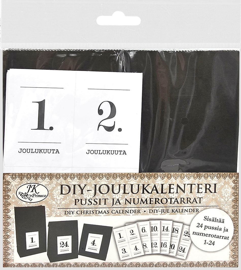 Valokuva tuotteesta DIY-Joulukalenteri Pussit ja numerotarrat musta 24kpl, kuuluu tuoteryhmään Sesonkiaskartelu.