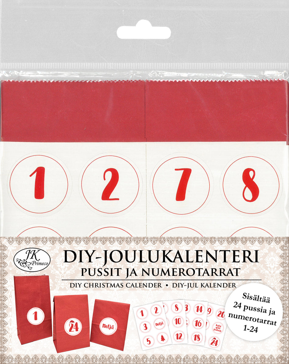 Valokuva tuotteesta DIY-Joulukalenteri Pussit ja numerotarrat punainen, kuuluu tuoteryhmään Sesonkiaskartelu.