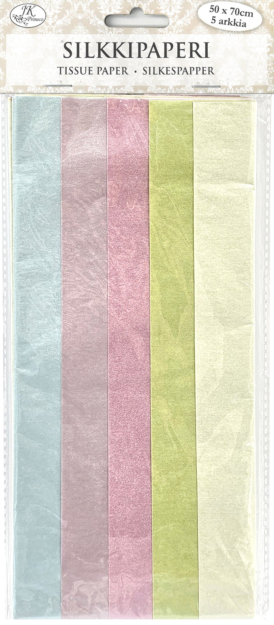 Valokuva tuotteesta Silkkipaperi 5 arkkia helmiäinen pastellilajitelma, kuuluu tuoteryhmään Paperiaskartelu.