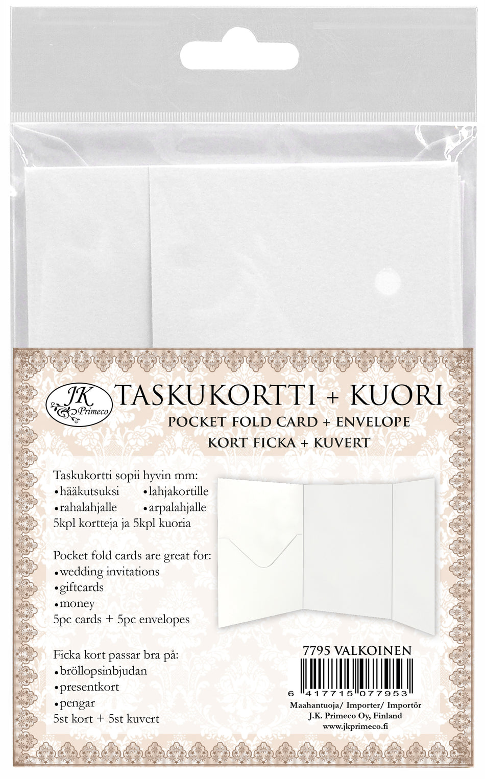 Valokuva tuotteesta Taskukortti ja kuori 5 kpl valkoinen, kuuluu tuoteryhmään Paperiaskartelu.