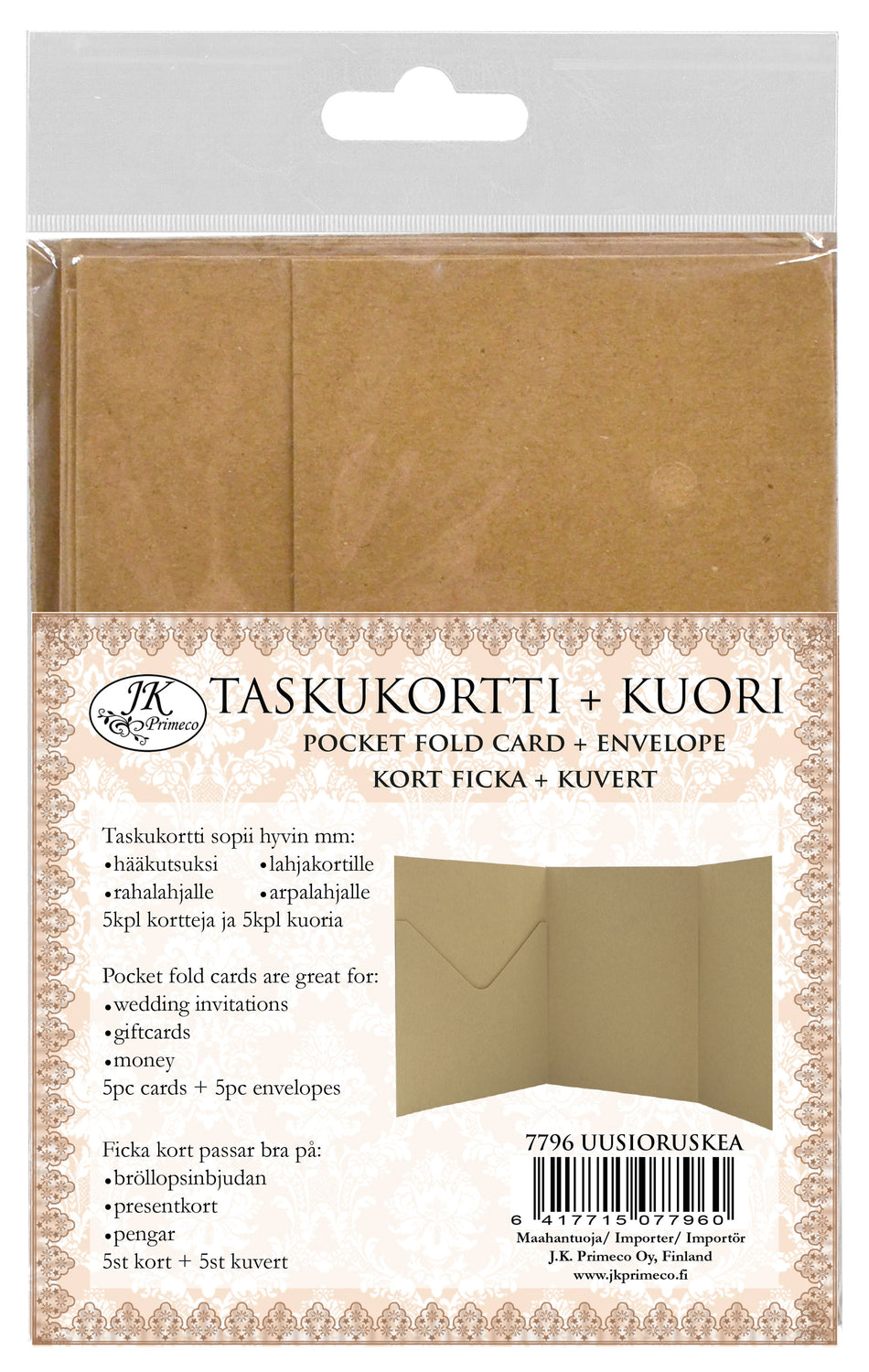 Valokuva tuotteesta Taskukortti ja kuori 5 kpl uusioruskea, kuuluu tuoteryhmään Paperiaskartelu.