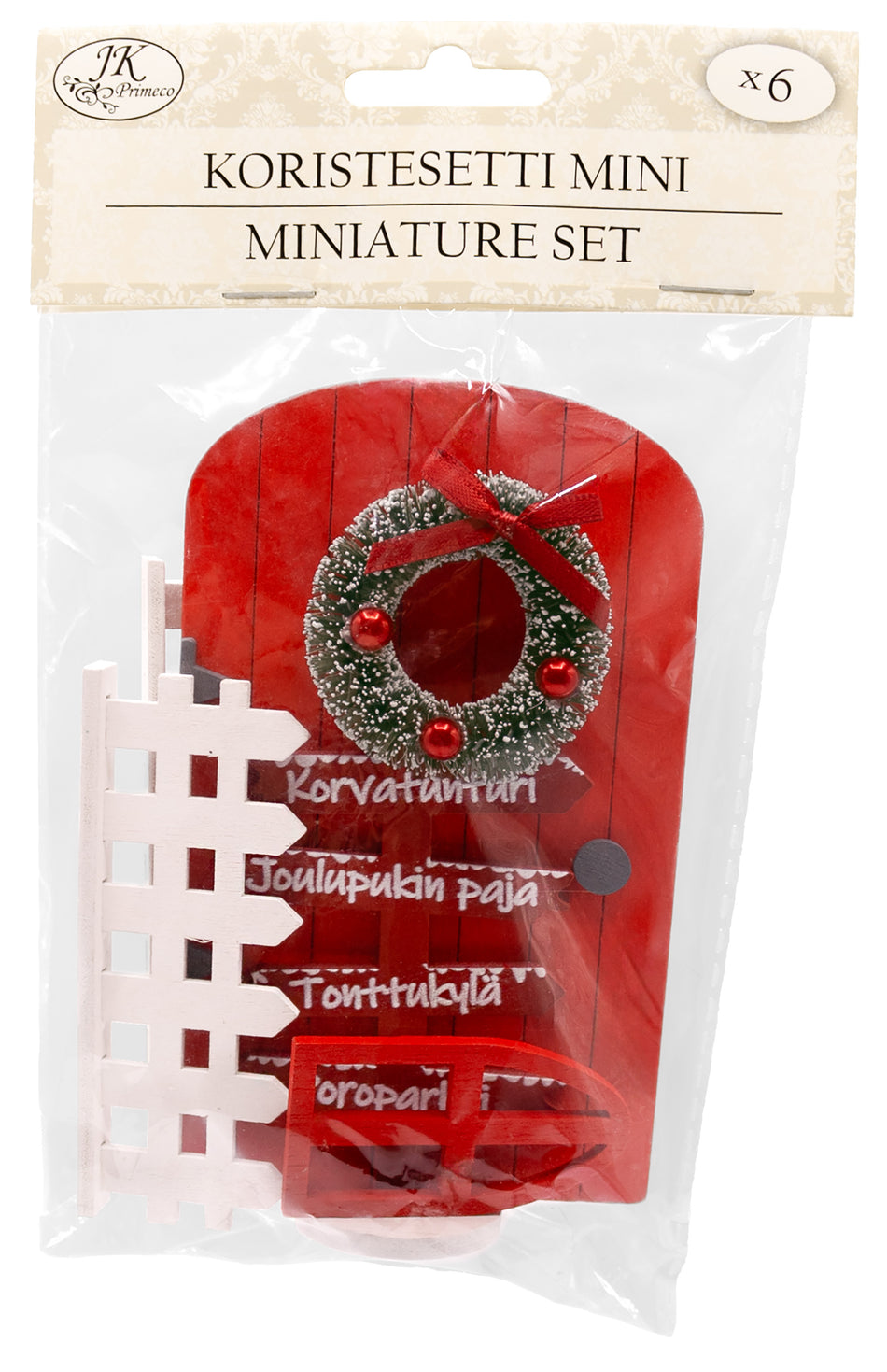 Valokuva tuotteesta Miniatyyri koristesetti ovi, aidat ja kyltti 6 kpl, kuuluu tuoteryhmään Sesonkiaskartelu.