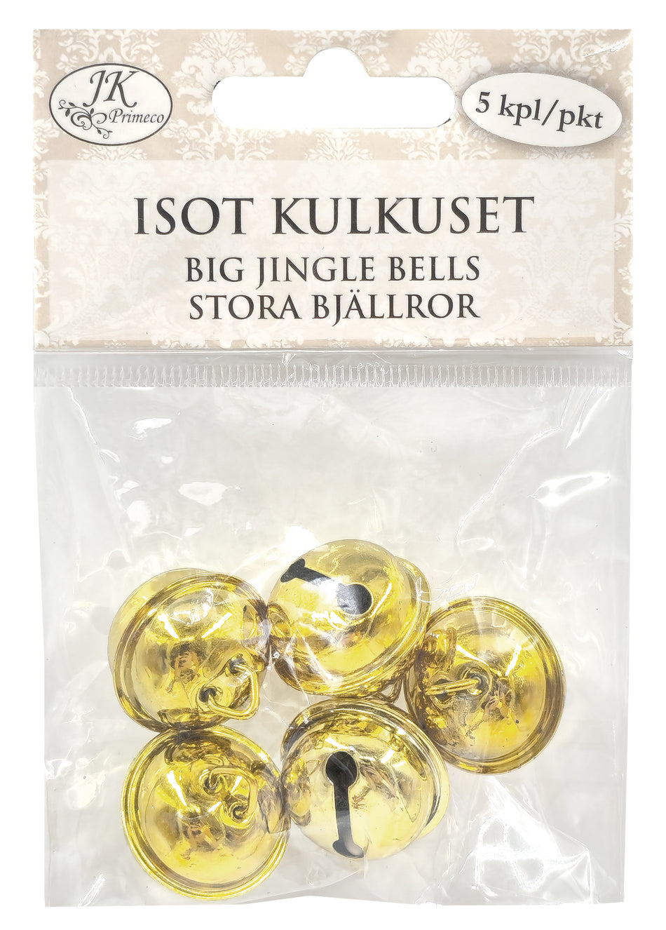 Valokuva tuotteesta Kulkuset isot 5kpl kulta, kuuluu tuoteryhmään Sesonkiaskartelu.