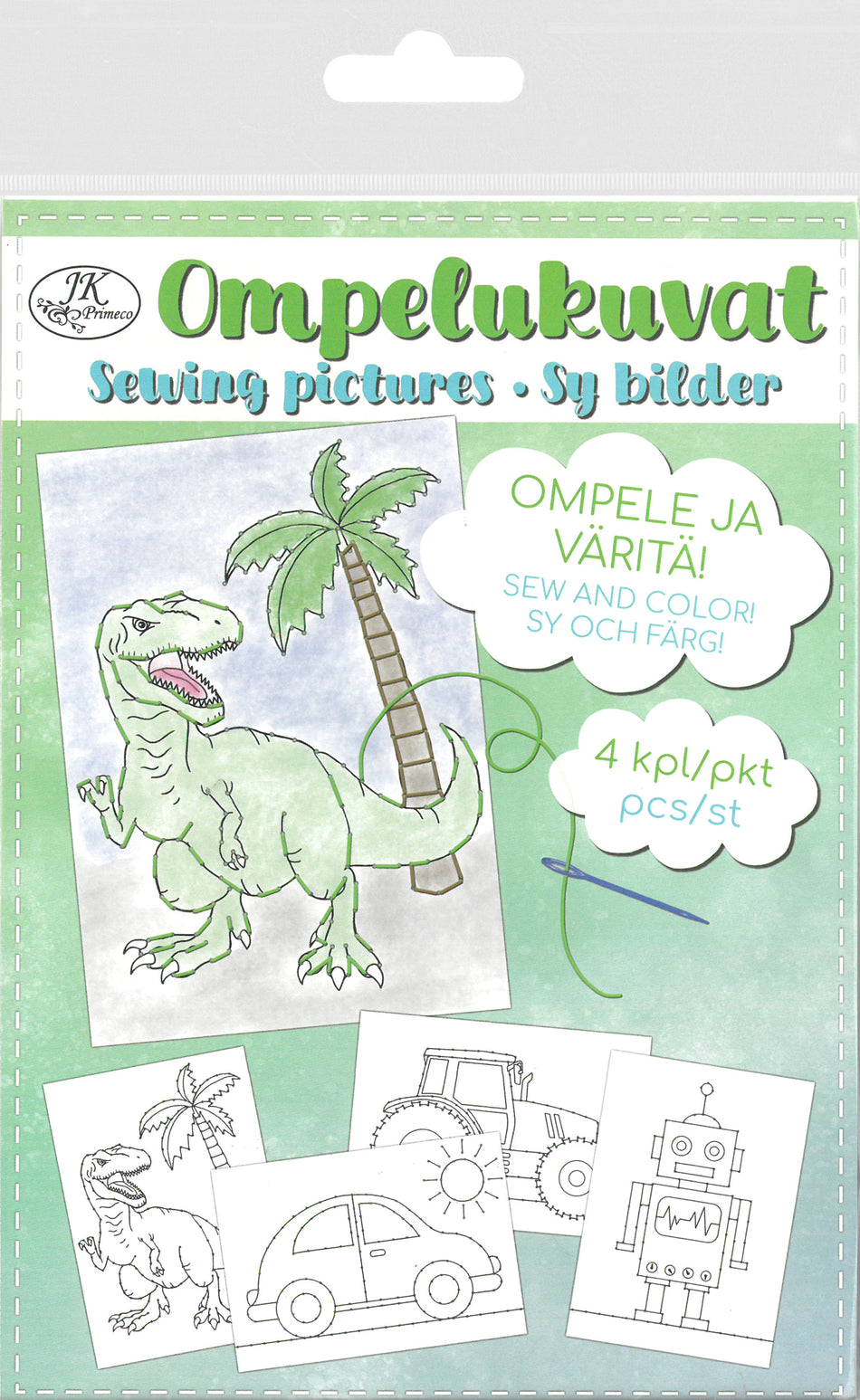 Valokuva tuotteesta Ompelukuvat A5 Hahmot ja ajoneuvot 4 kpl, kuuluu tuoteryhmään Lasten askartelu  ja piirustus.