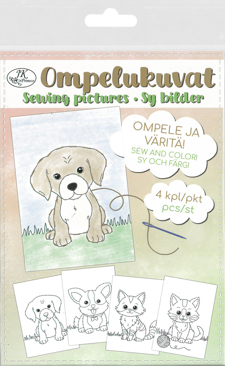 Valokuva tuotteesta Ompelukuvat A5 Kissat ja koirat 4kpl, kuuluu tuoteryhmään Lasten askartelu  ja piirustus.