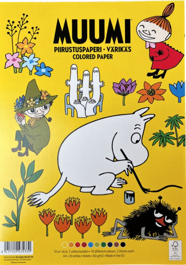 Valokuva tuotteesta Piirustuspaperi värillinen A4/20 Muumi, kuuluu tuoteryhmään Lasten askartelu  ja piirustus.