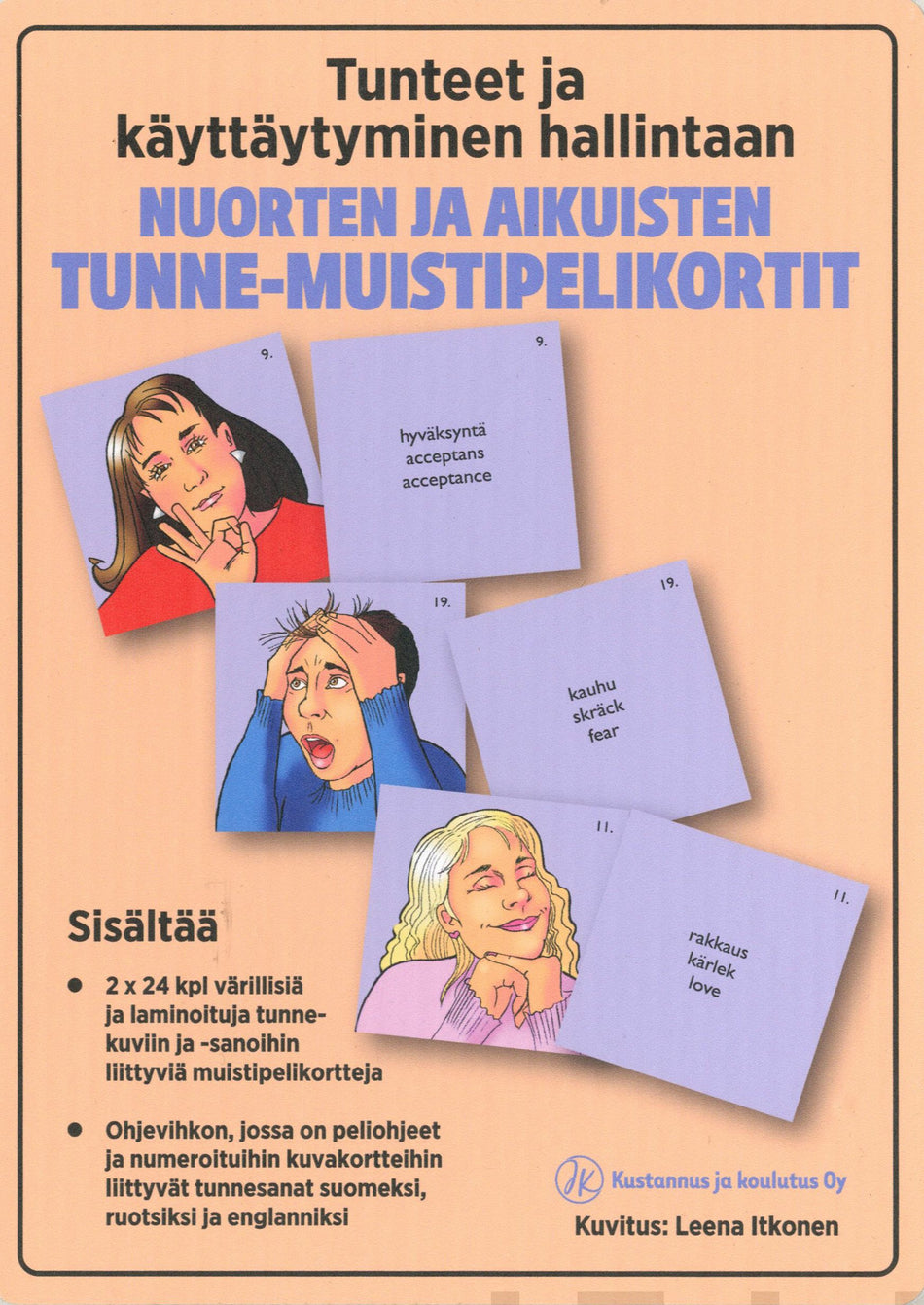 Valokuva kirjasta Jaana Kiviluote Tunteet ja käyttäytyminen hallintaan: Nuorten ja aikuisten Tunne-muistipelikortit (2 x 24 kpl), kuuluu tuoteryhmään Muut oppimateriaalit.