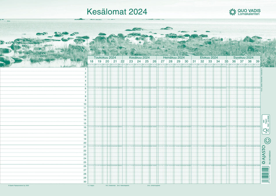 Valokuva tuotteesta Quo Vadis -lomakalenteri 2024-2025, kuuluu tuoteryhmään Seinäkalenterit.