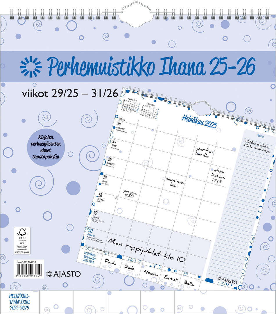 Valokuva tuotteesta Perhemuistikko Ihana 290x290 2025-2026 (lukuvuosikalenteri), kuuluu tuoteryhmään Lukuvuosikalenterit.