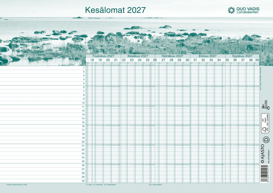 Valokuva tuotteesta Quo Vadis -lomakalenteri 2027-2028, kuuluu tuoteryhmään Seinäkalenterit.