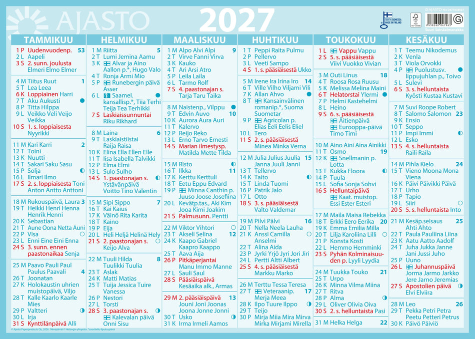 Valokuva tuotteesta Suuri seinäalmanakka 2027, kuuluu tuoteryhmään Seinäkalenterit.