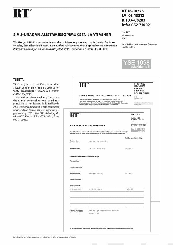 Valokuva kirjasta  RT 16-10725, Sivu-urakan alistamissopimuksen laatiminen. (YSE 1998 asiakirjamalli), kuuluu tuoteryhmään E-kirjat tieto.