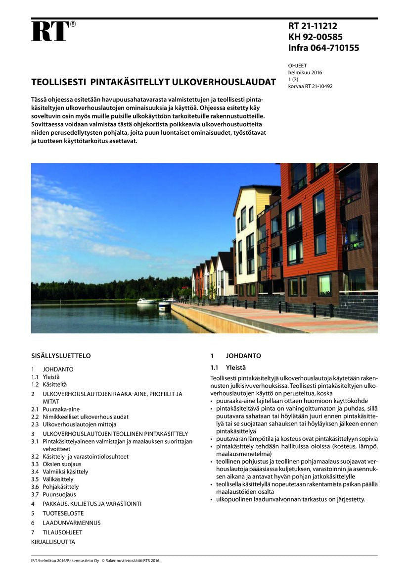 Valokuva kirjasta  RT 21-11212, Teollisesti pintakäsitellyt ulkoverhouslaudat, kuuluu tuoteryhmään E-kirjat tieto.