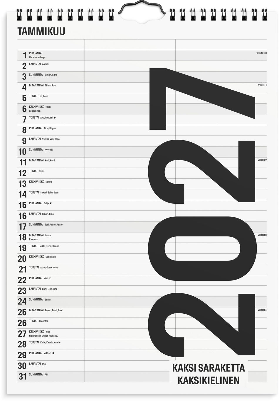 Valokuva tuotteesta Perhekalenteri Black &amp; White 2 saraketta 2027, kuuluu tuoteryhmään Seinäkalenterit.