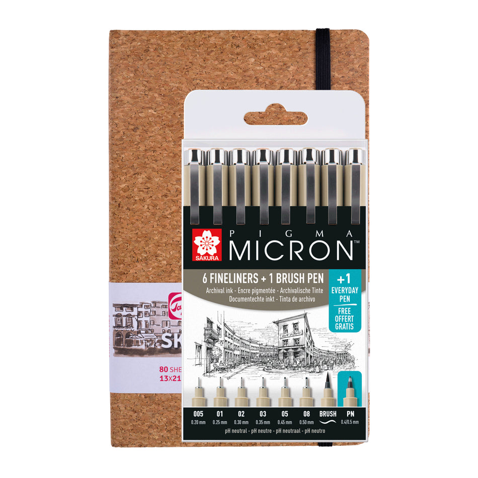 Valokuva tuotteesta Luonnoskirja korkkikantinen ja 8 kpl Pigma Micron kuitukärkikynää, kuuluu tuoteryhmään Taidetarvikkeet.
