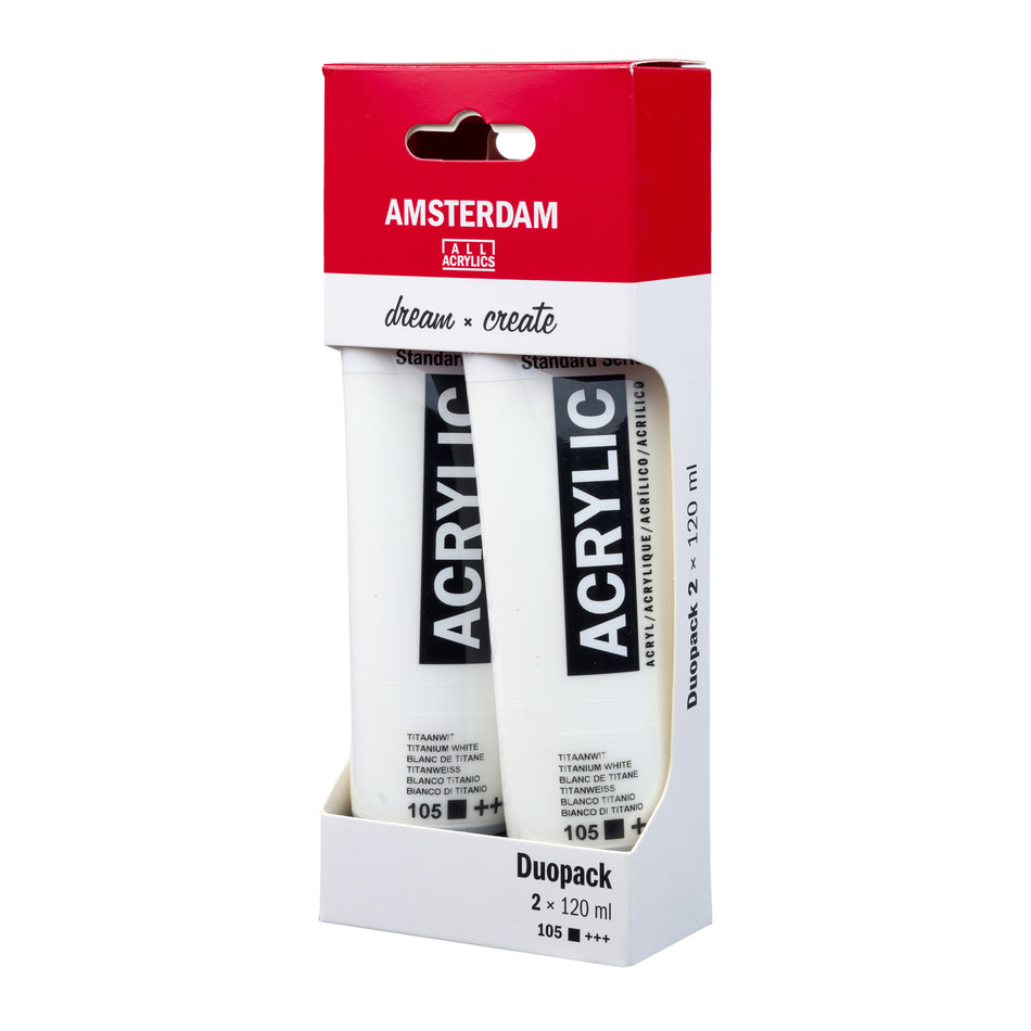 Valokuva tuotteesta Akryyliväri 2 x 120 ml valkoinen Titanium White Amsterdam, kuuluu tuoteryhmään Taidetarvikkeet.