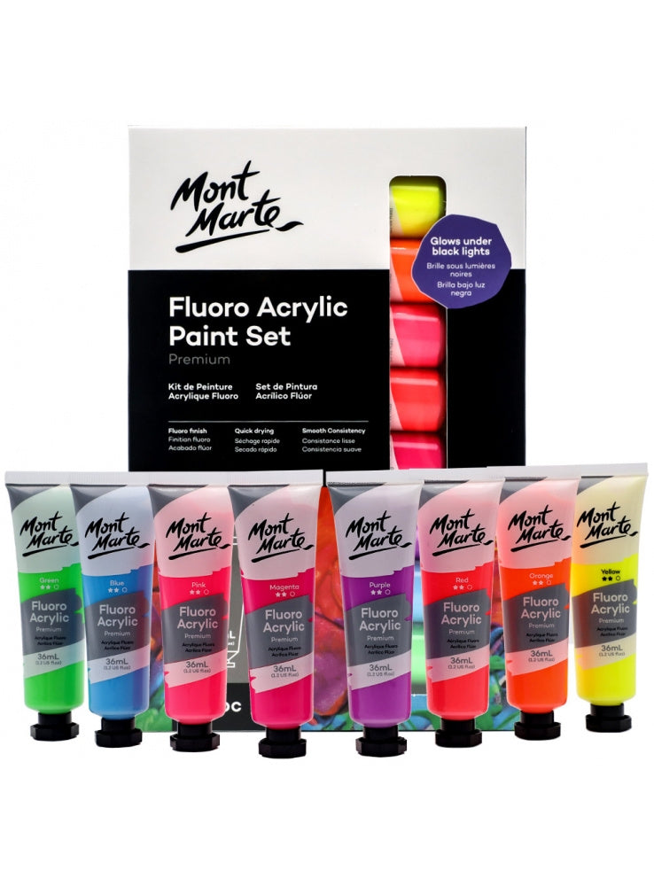 Valokuva tuotteesta Akryyliväri 8 x 36ml Neon Flouro Mont Marte, kuuluu tuoteryhmään Taidetarvikkeet.