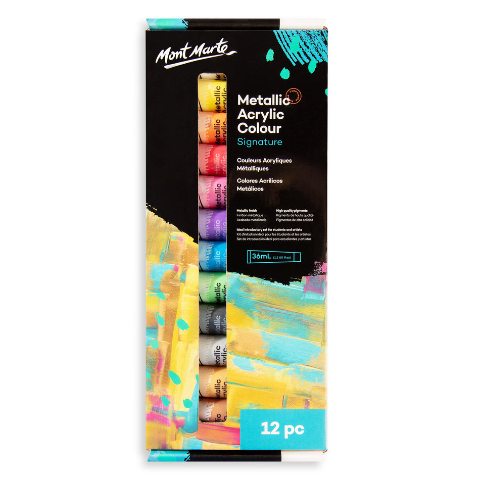 Valokuva tuotteesta Akryyliväri 12 x 36 ml metallic Mont Marte, kuuluu tuoteryhmään Taidetarvikkeet.