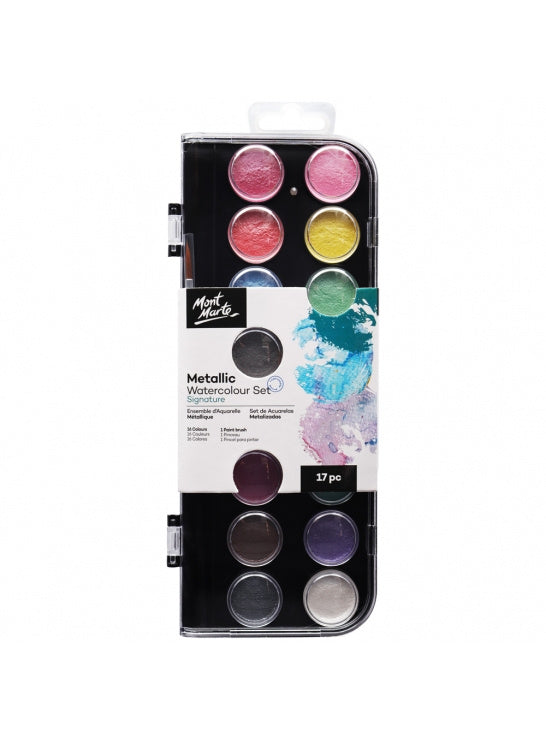 Valokuva tuotteesta Vesivärit metallihohto 16 väriä ja sivellin Mont Marte, kuuluu tuoteryhmään Taidetarvikkeet.