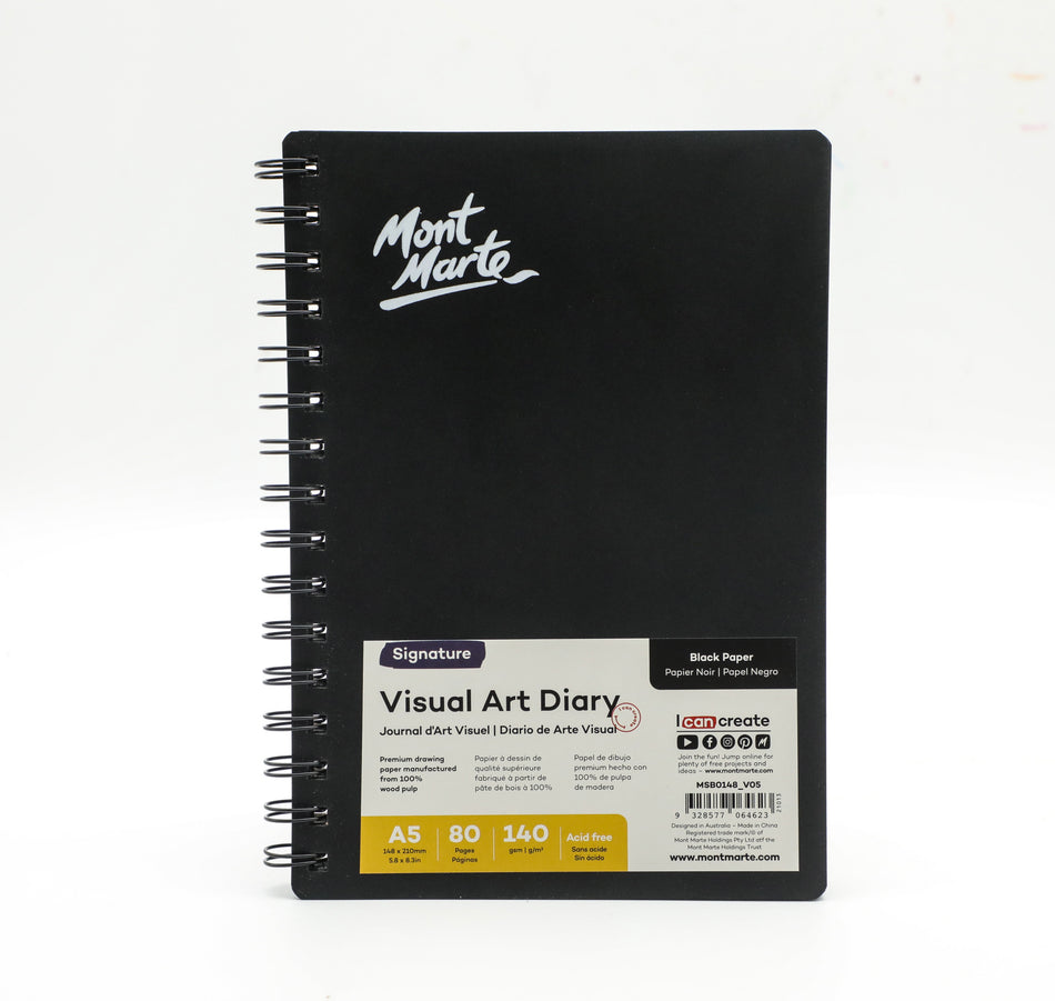 Valokuva tuotteesta Luonnoskirja A5/80 sivua mustat sivut Mont Marte, kuuluu tuoteryhmään Taidetarvikkeet.