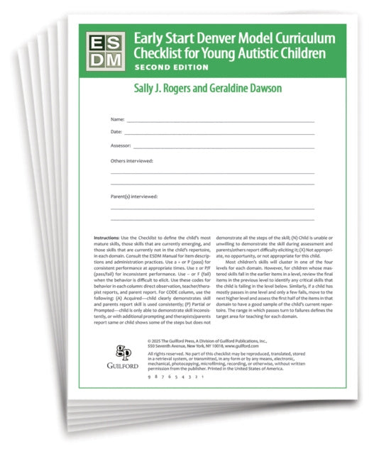 Valokuva kirjasta Geraldine  Dawson / Sally J.  Rogers Early Start Denver Model Curriculum Checklist for Infants and Young Autistic Children, Second Edition, Set of 15 Checklists, Each a 16-Page Two-Color Booklet, kuuluu tuoteryhmään Ulk talous yhteiskunta.