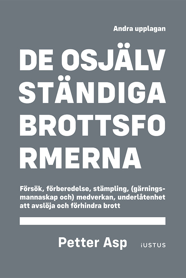 Valokuva kirjasta Petter Asp De osjälvständiga brottsformerna : försök, förberedelse, stämpling, (gärningsmannaskap och) medverkan, underlåtenhet att avslöja och förhindra brott, kuuluu tuoteryhmään Ruots muu tieto.