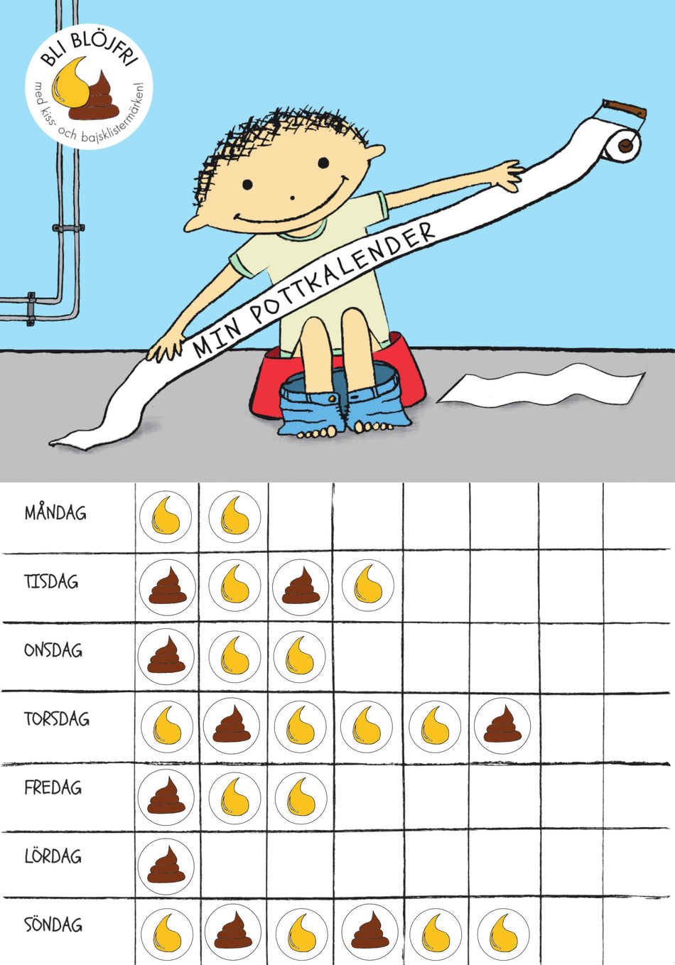 Valokuva kirjasta Karin Sundby Min Pottkalender: Bli blöjfri - rolig potträning med kiss- och bajsklistermärken, kuuluu tuoteryhmään Ruots lapset nuoret ja sarjakuvat.