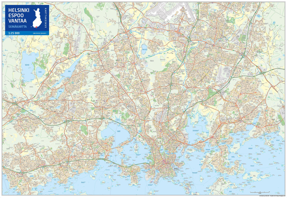 Valokuva kirjasta  Seinäkartta Helsinki, Espoo ja Vantaa, 1:25 000, 124 × 85 cm, kuuluu tuoteryhmään Ulkomaiset ja muut kartat.