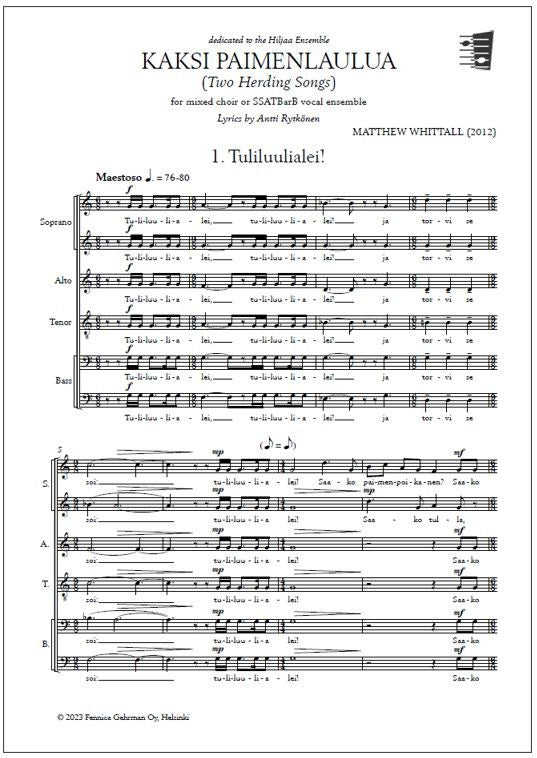 Valokuva kirjasta  Kaksi paimenlaulua (Two Herding Songs) for mixed choir, kuuluu tuoteryhmään Musiikki.
