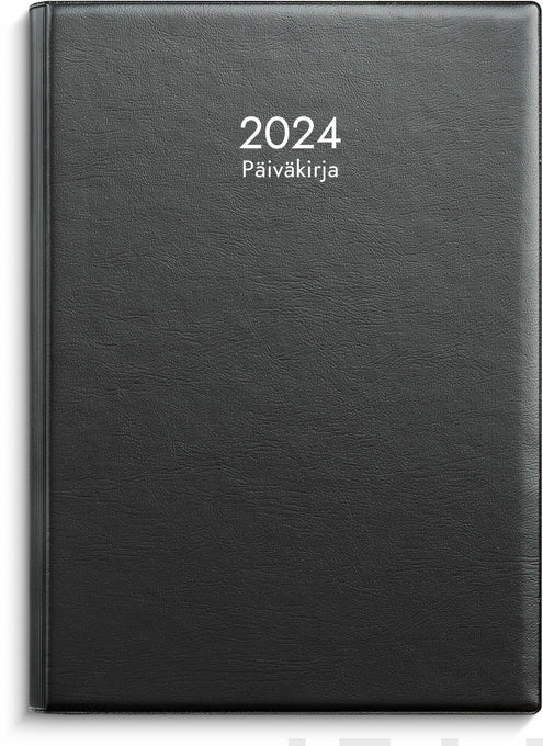 Päiväkirja musta muovikansi parikierresidottu 2024