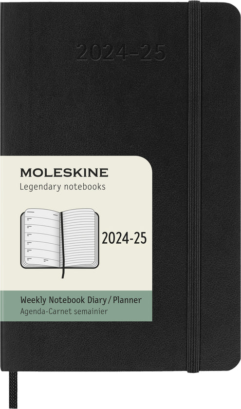 Kalenteri Moleskine 2024-2025 18kk Weekly Pocket musta pehmeäk.